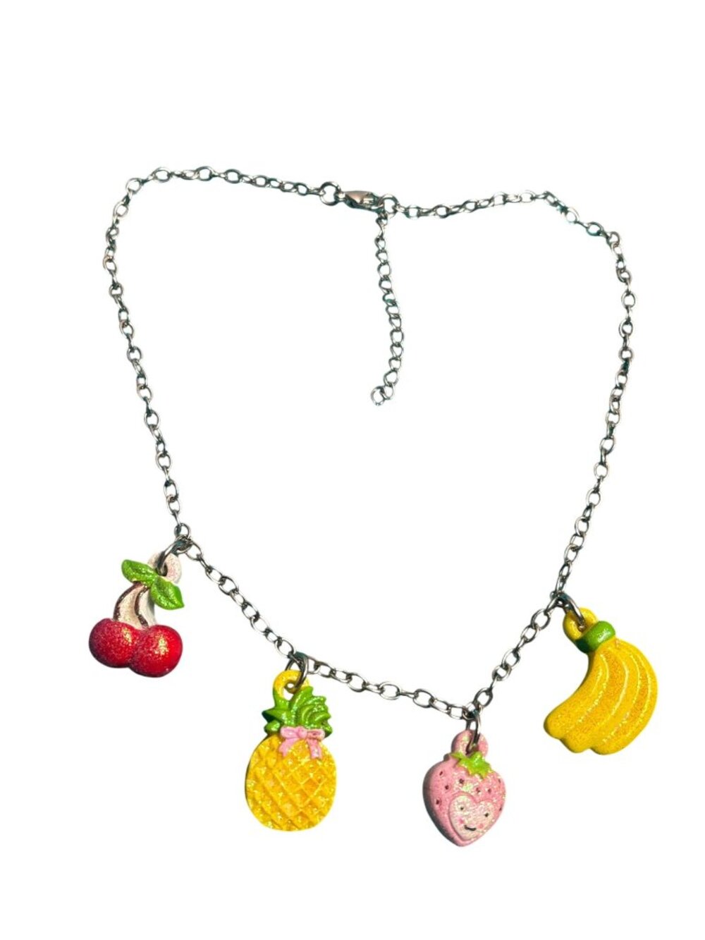 Glitter Plastic Fruit Charm Necklace Silvertone Chain 15 - 17 inches Long